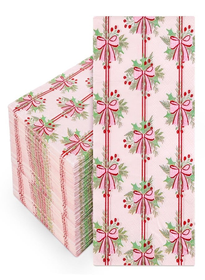 Whaline 100Pcs Pink Bow Christmas Napkins Holly Berry Guest Napkins Xmas Bowknot Dinner Hand Towel Paper Napkin For Bathroom Birthday Baby Shower Party Table Wedding Family Gathering Supplies - Image 1